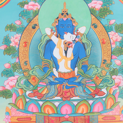 手绘唐卡普贤王如来双身像