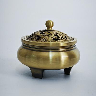 三足龙凤盖拉丝铜香炉9.2*9.2*8cm