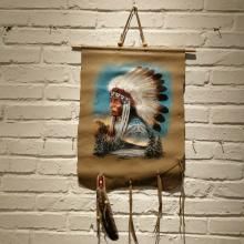 印第安戴鹰羽冠的人牛皮手绘画挂饰
