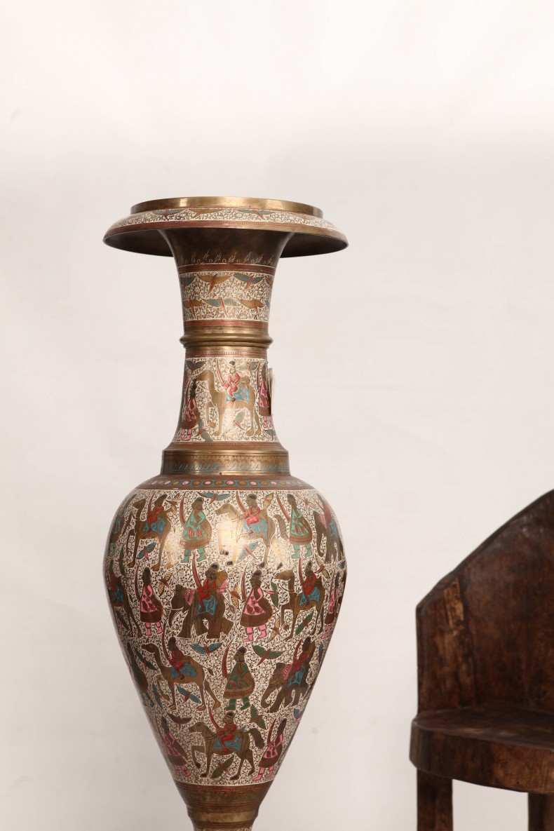 銅花器g19]☆花瓶 金彩 朱色 20cm☆花生 VASE